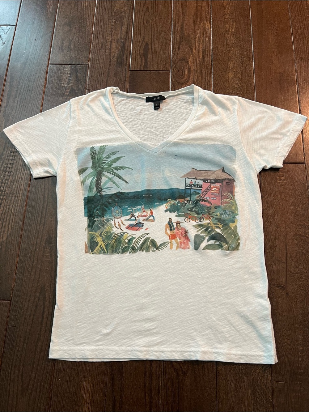 J. Crew White V-Neck Beach Graphic Tee with Tropical Print